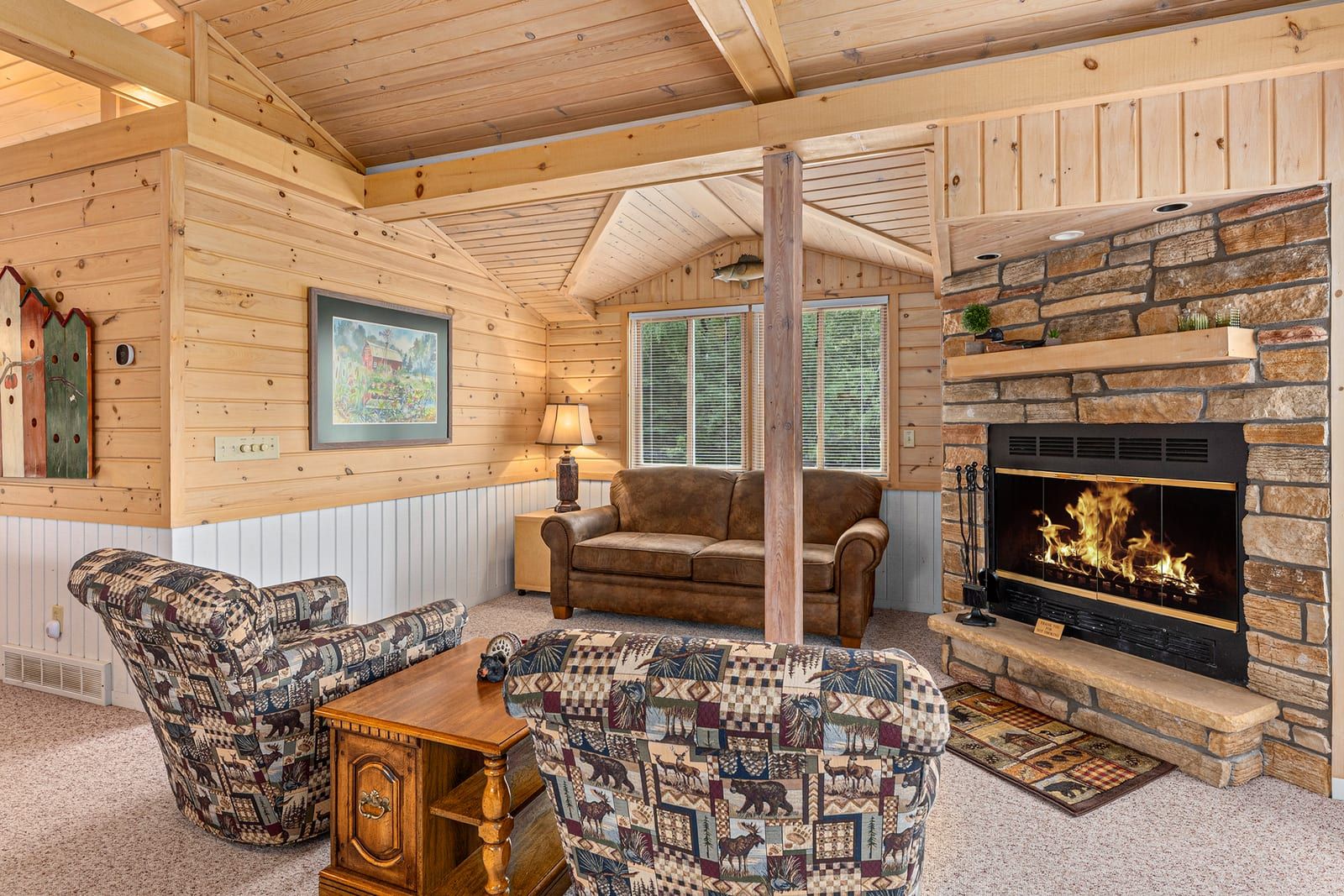 Cozy living room with stone fireplace