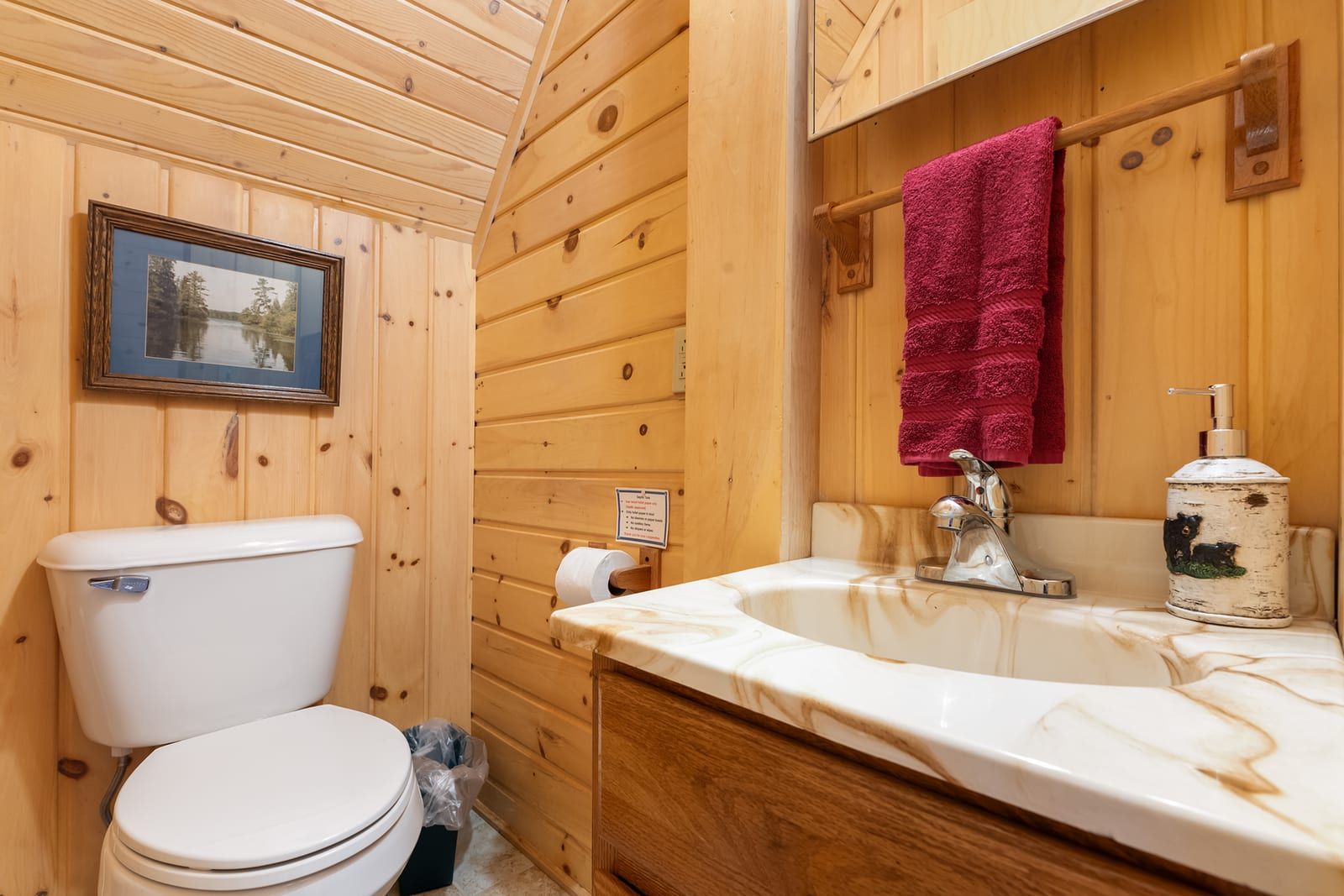 Half bath with pine walls and lodge decor
