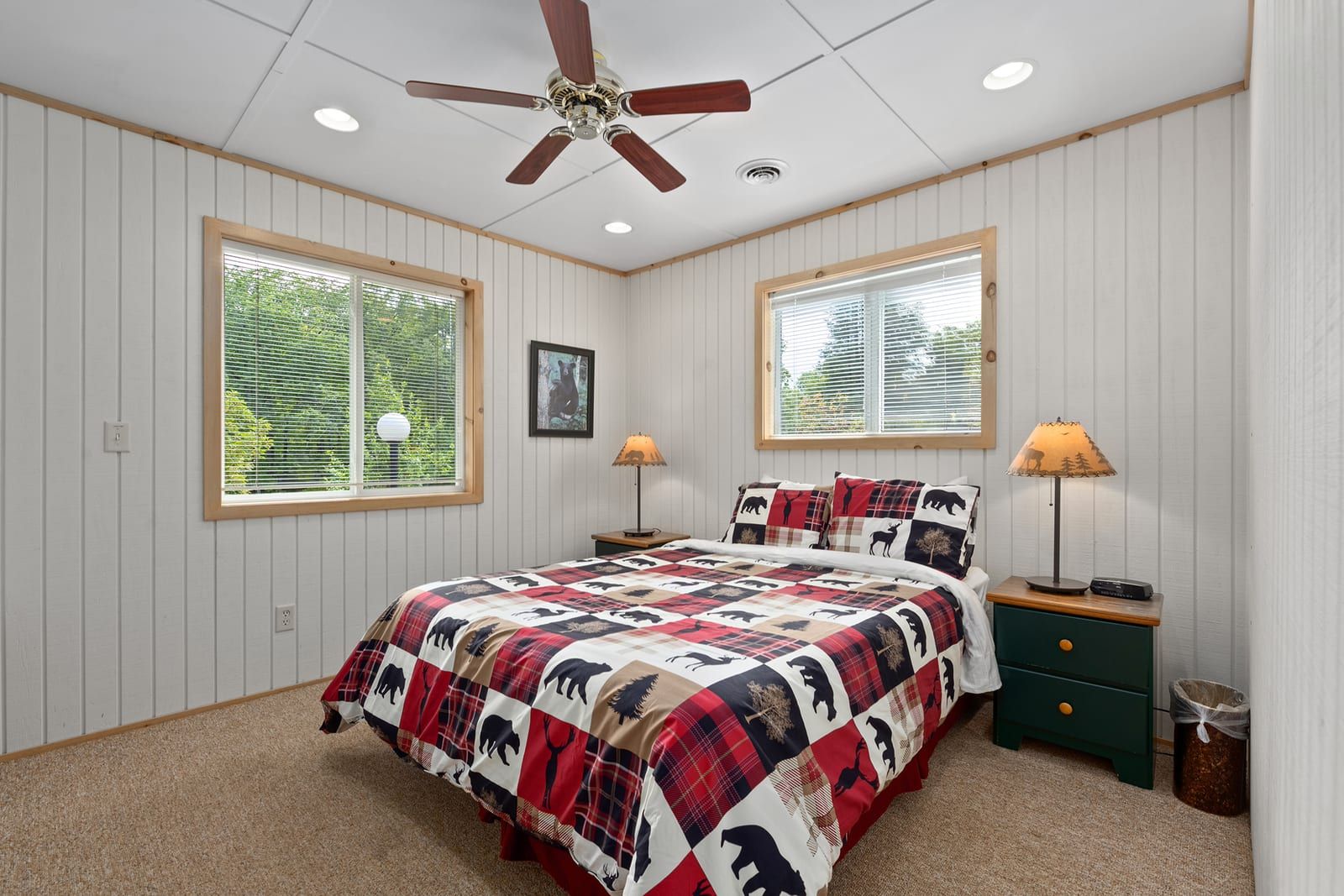Master bedroom with queen bed and wildlife comforter