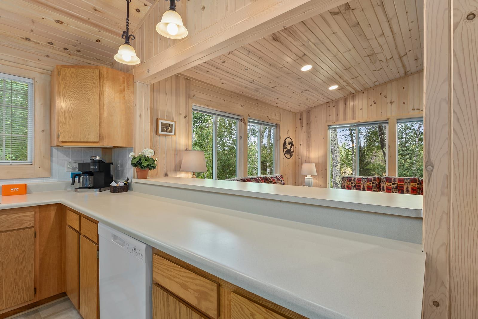 Kitchen counter with pass-through to living room