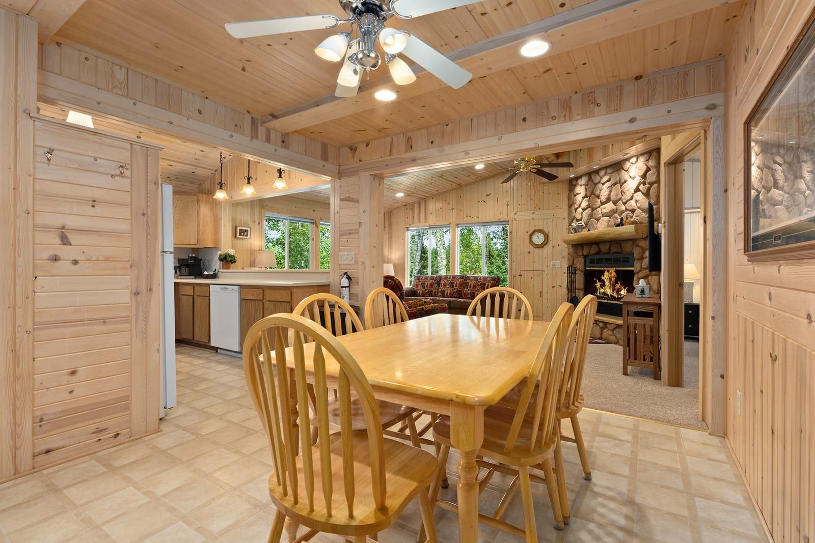 Dining area with table for six and open kitchen